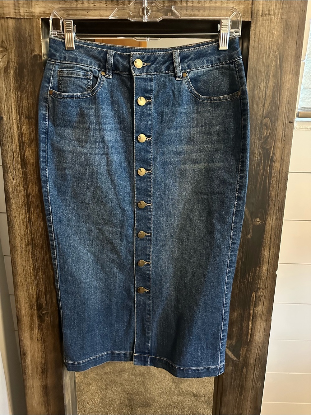 d.jeans Button-Front Denim Midi Skirt Size 4 Stretch Pencil Skirt Western Concer